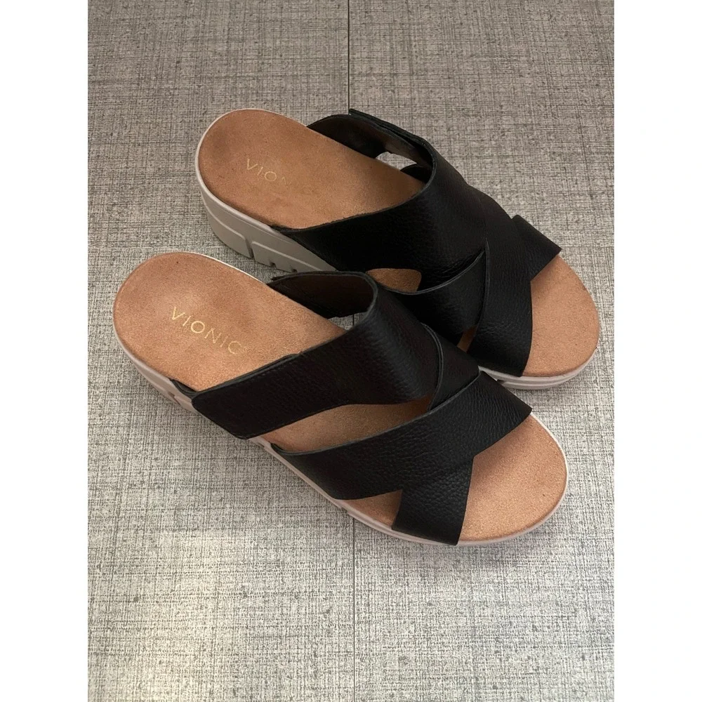VIONIC Uptown Sunset Slide Sandal Black 9 NEW Leather Platform Comfort Cushion